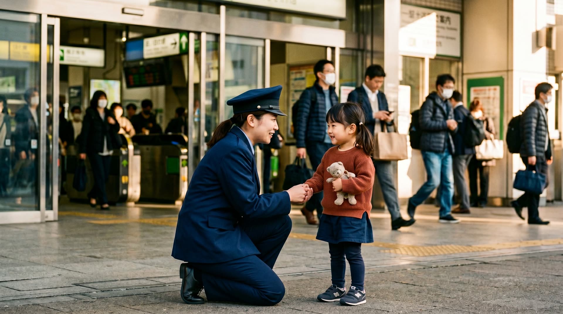 子どもに寄り添う警備員