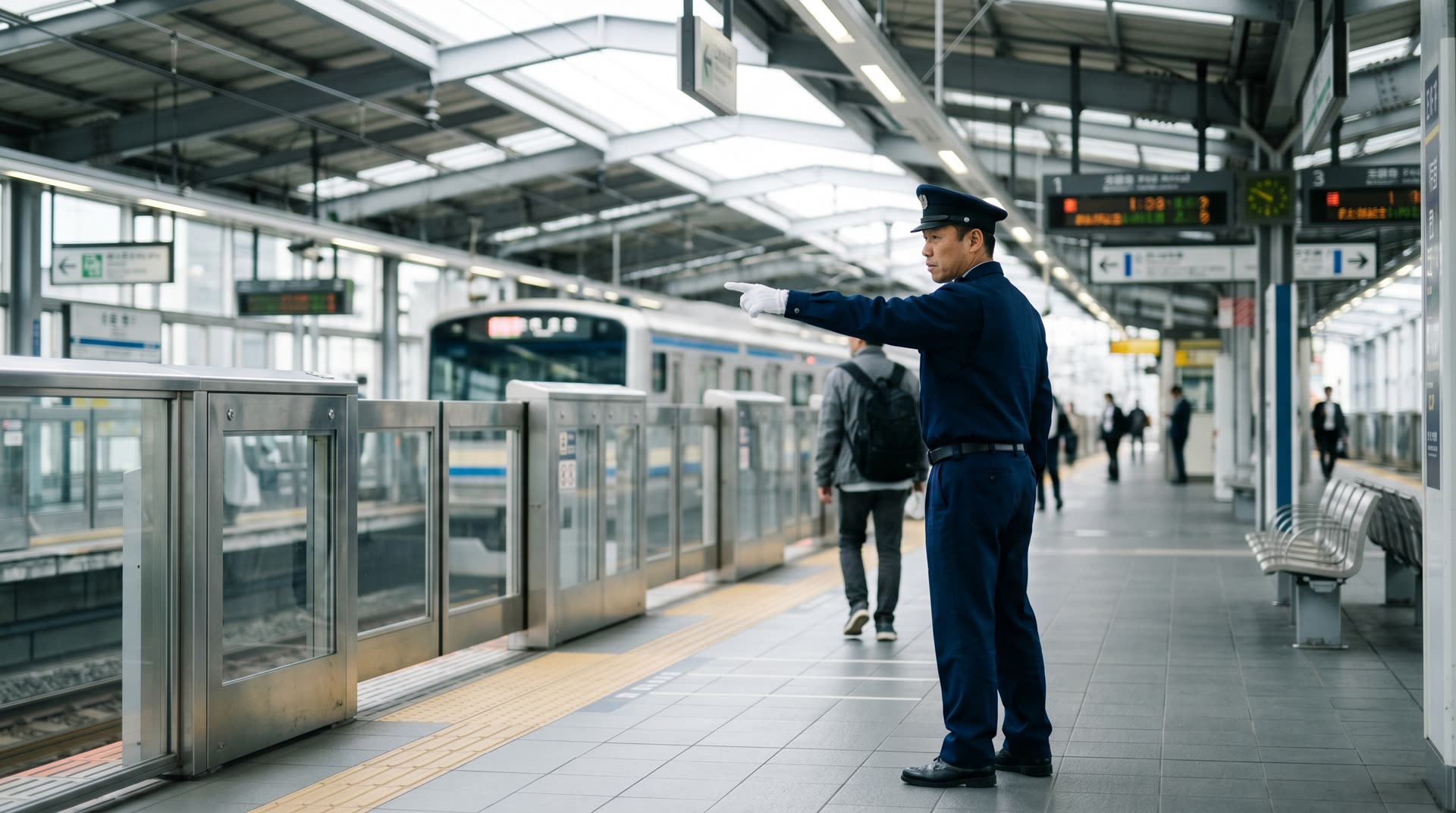 駅で案内する警備員